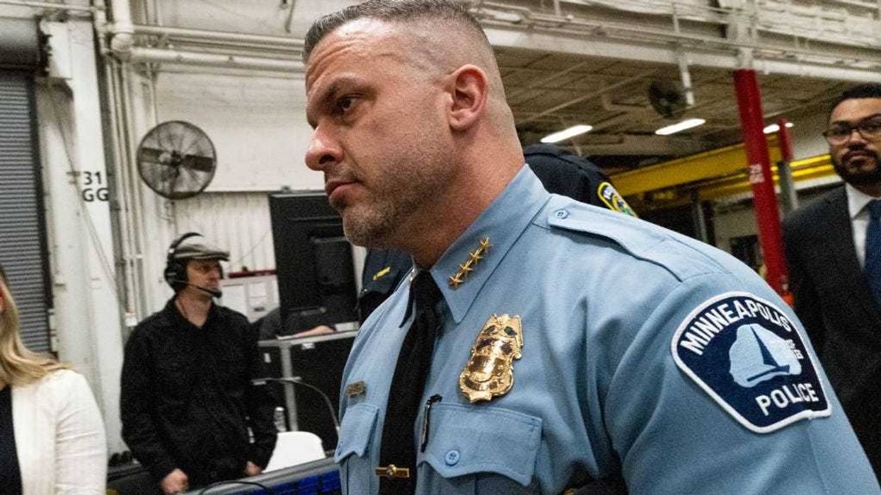 Minneapolis Chief of Police Brian O'Hara arrives during a visit by U.S. President Joe Biden to the Cummins Power Generation facility on April 3, 2023 in Fridley, Minnesota.