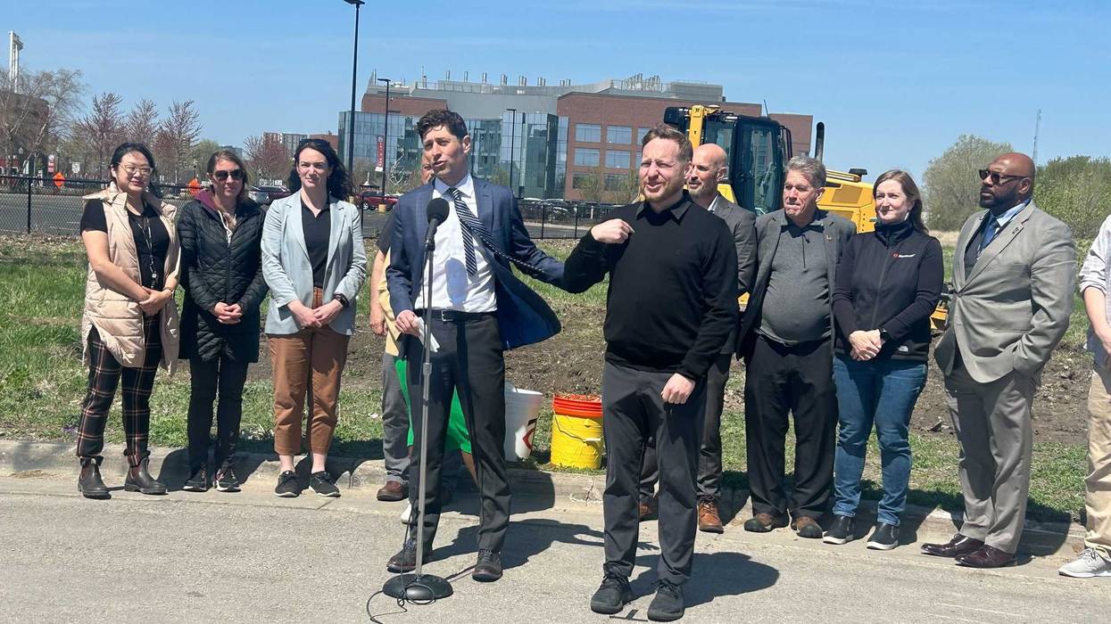 Minneapolis Mayor Jacob Frey (center) and other city leaders broke ground Wednesday as Minneapolis is set to become the first city in North America to own and operate a biochar production facility.