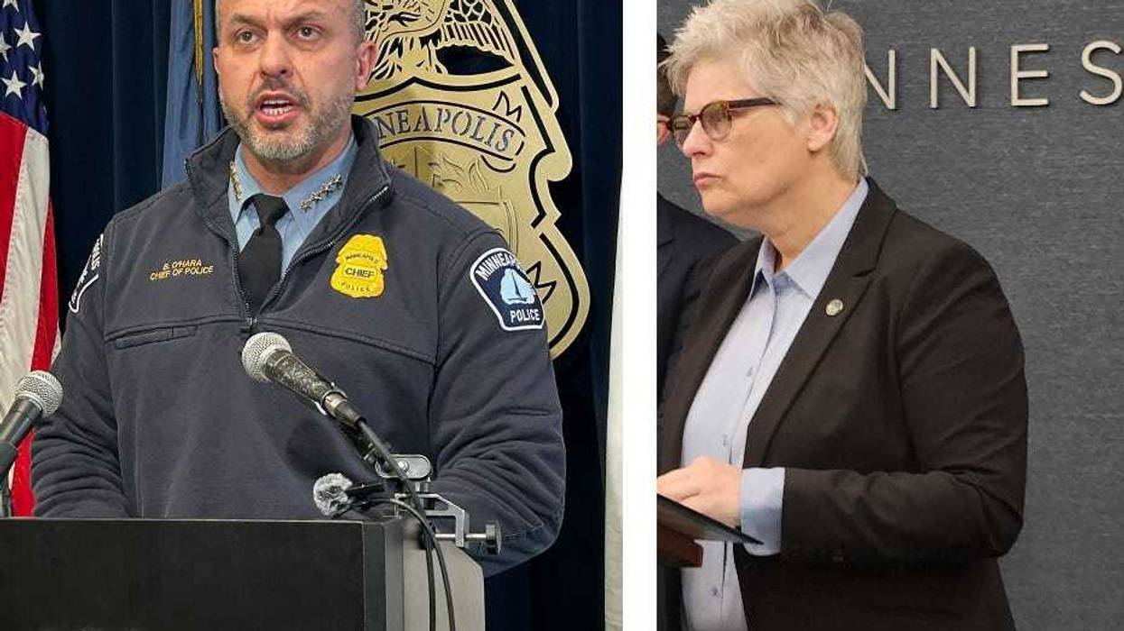 Minneapolis Police Chief Brian O'Hara (left) and Hennepin County Attorney Mary Moriarty (right) who are in disagreement over possible charges for vandalism.