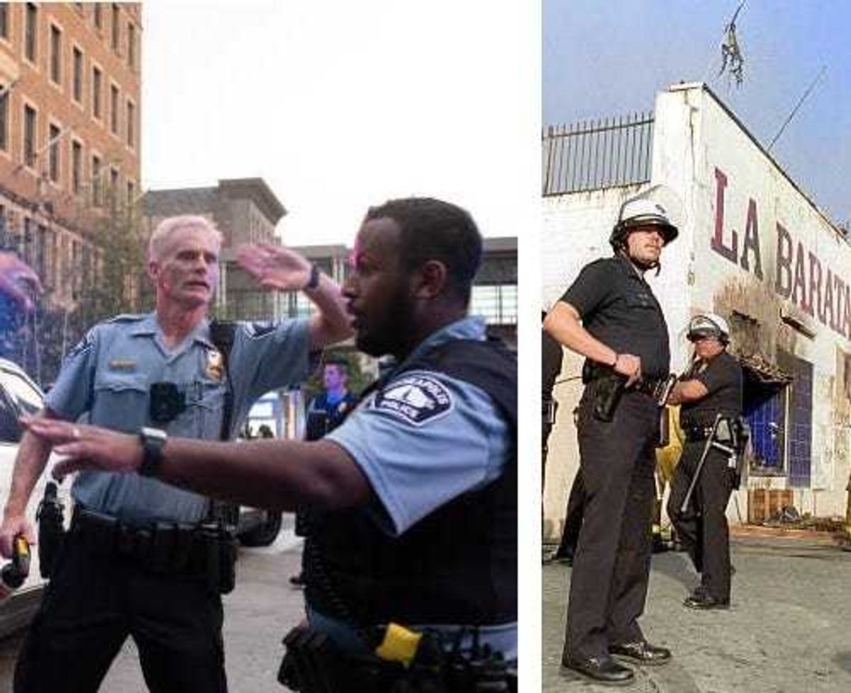 Minneapolis Police Officers in 2020, and Los Angeles Police Officers in 1992 during the riots in each city.