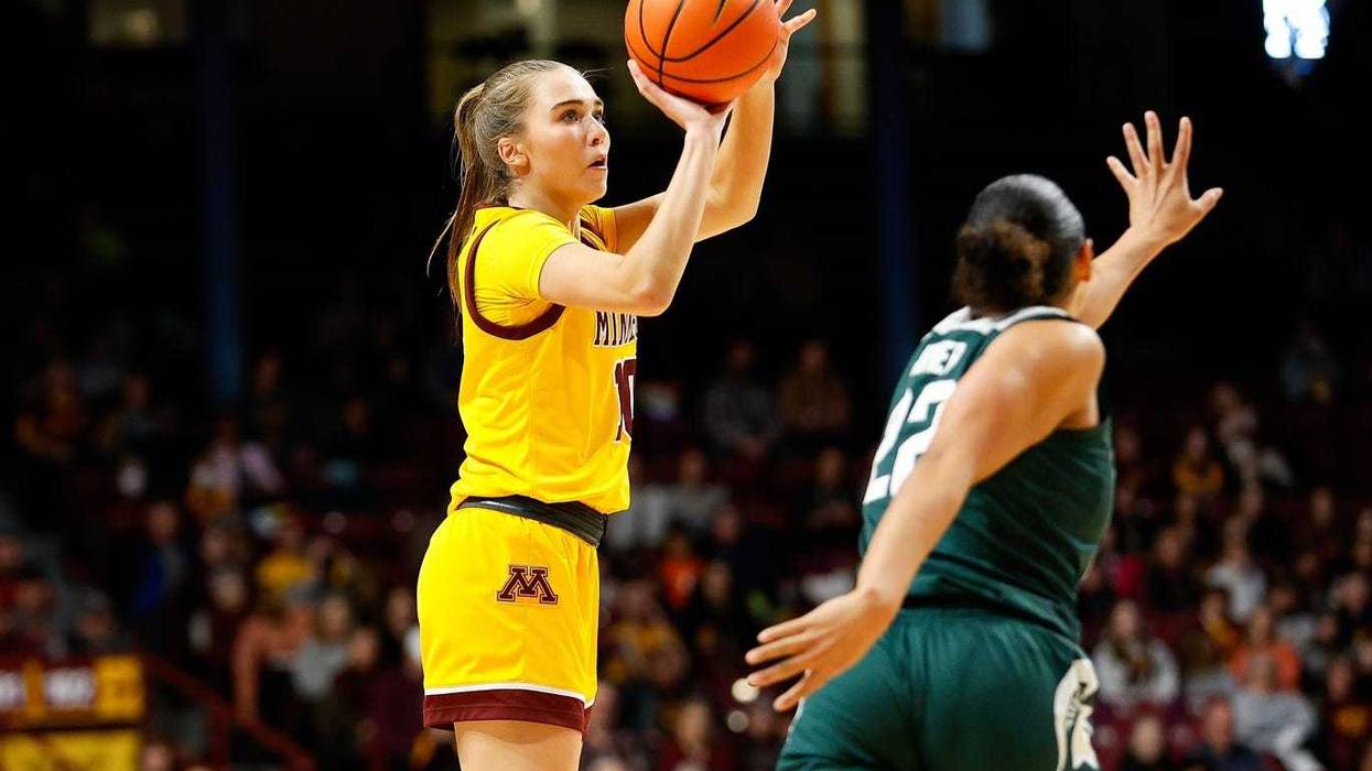 Minnesota Golden Gophers guard Mara Braun (10) shoots as Michigan State Spartans guard Moira Joiner (22) defends during the first half at Williams Arena in January, 2024.