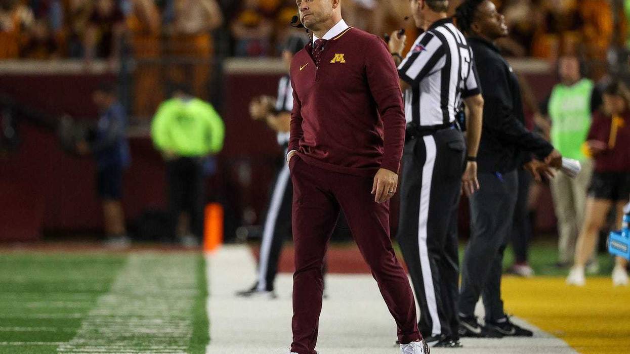 Minnesota Golden Gophers head coach P.J. Fleck looks on during the second half against the Iowa Hawkeyes at Huntington Bank Stadium.