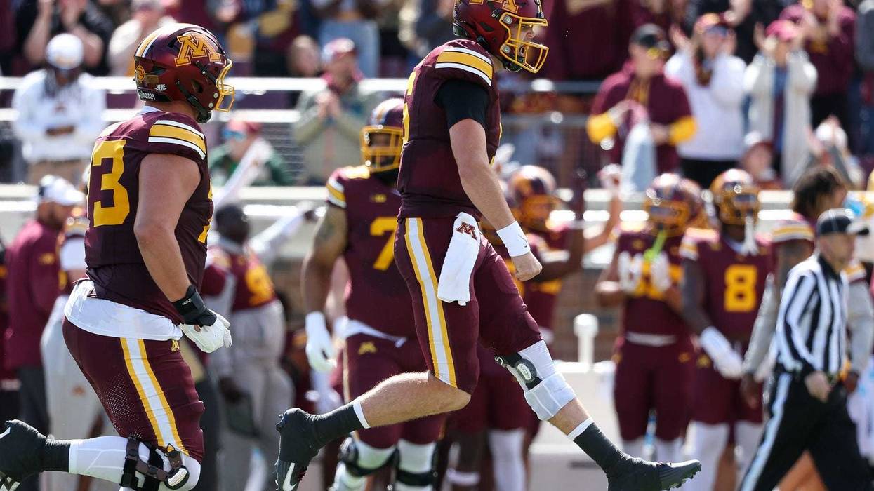 Minnesota Golden Gophers quarterback Drake Lindsey (5) celebrates a touchdown against the Northwestern State Demons during the second quarter at Huntington Bank Stadium.