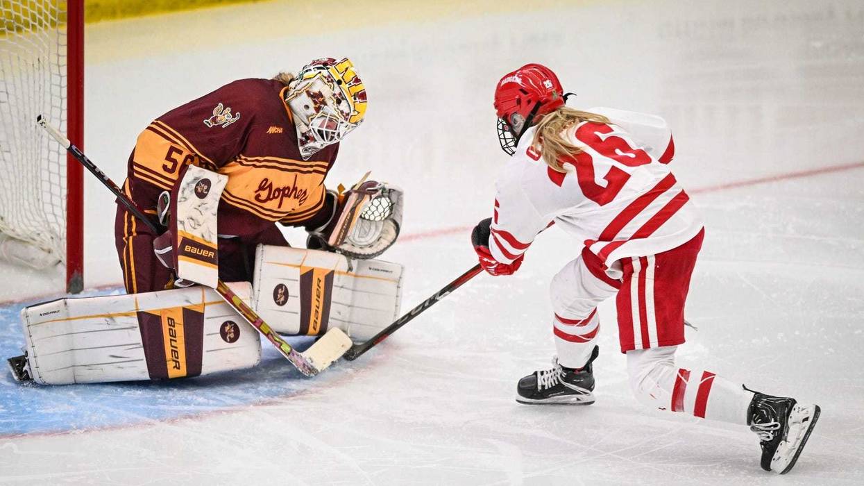 Minnesota Gophers goaltender Hannah Clark (56) stops Wisconsin Badgers center Casey O'Brien (26) on a penalty shot in the second period of a game Sunday, February 9, 2025, at LaBahn Arena in Madison, Wisconsin.
