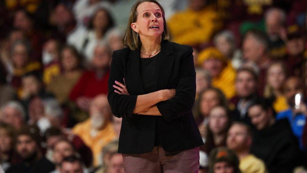 Minnesota head coach Dawn Plitzuweit looks on during the second half of an NCAA college basketball game against UCLA, Jan. 14, 2026, in Minneapolis.