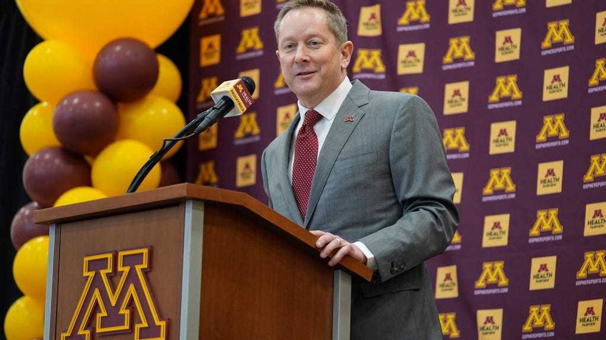 Minnesota head coach Niko Medved speaks during an NCAA college basketball news conference, March 25, 2025, in Minneapolis.