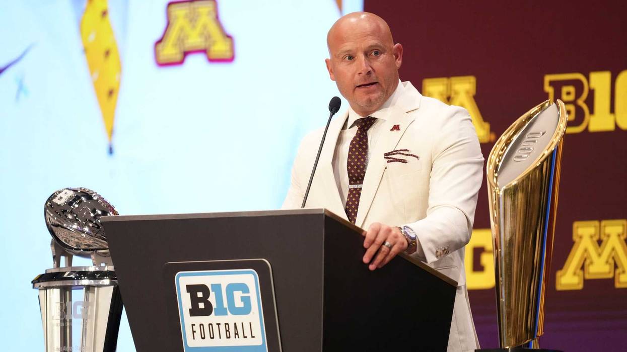 Minnesota head coach P.J. Fleck speaks to the media during the Big Ten NCAA college football media days at Mandalay Bay Resort.