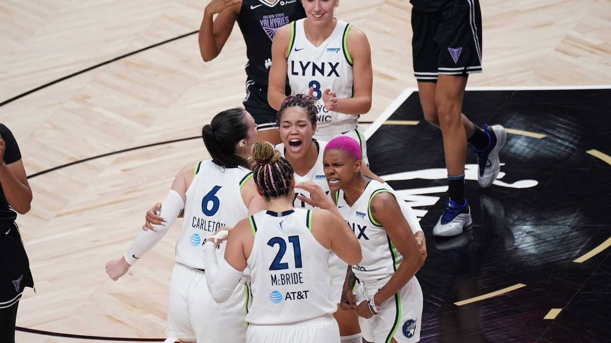Minnesota Lynx forward Napheesa Collier (24), forward Bridget Carleton (6), guard Courtney Williams (10), guard Kayla McBride (21) and forward Alanna Smith (8) celebrate after defeating the Golden State Valkyries in game two of round one for the 2025 WNBA Playoffs at SAP Center.