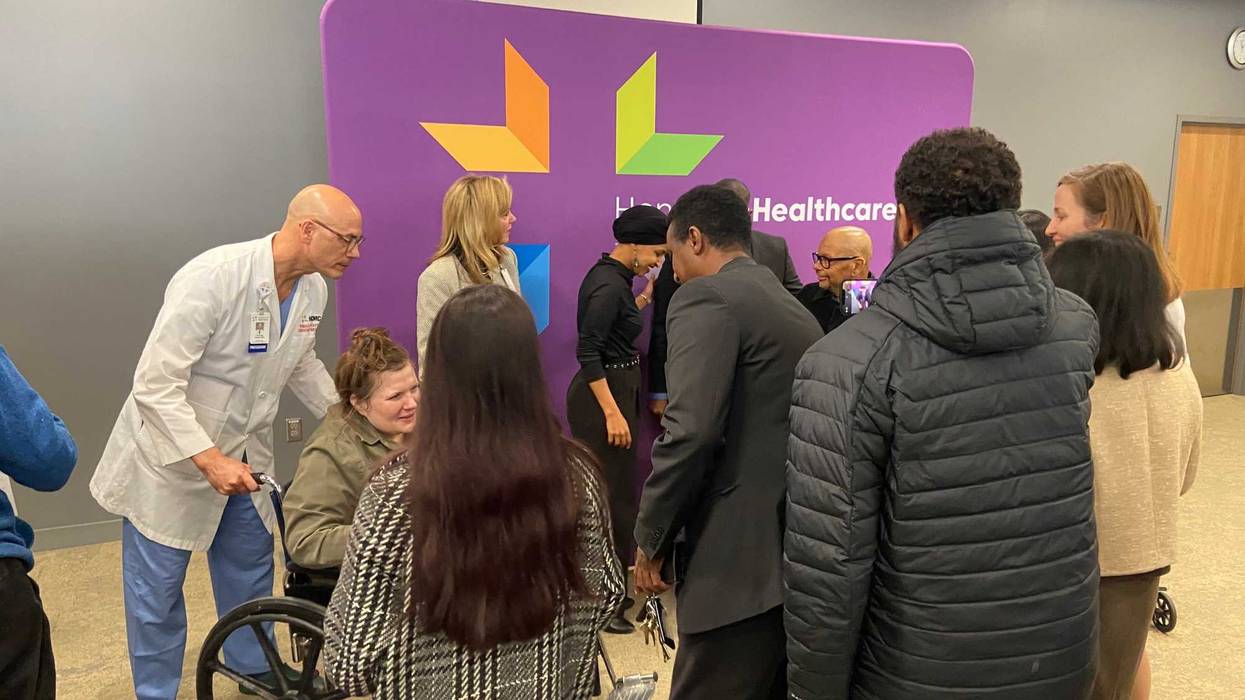 Minnesota Reps. Kelly Morrison (DFL) and Ilhan Omar at Hennepin County Medical Center Thursday asking for Republicans in Congress to vote against cuts to Medicaid, a program they say is crucial to millions of Americans.