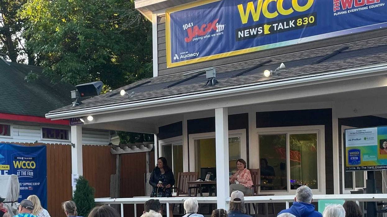 Minnesota Sen. Amy Klobuchar on the WCCO Radio stage with Vineeta Sawkar at the State Fair Thursday.