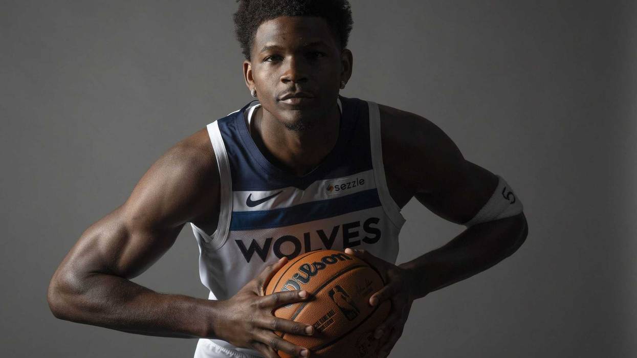 Minnesota Timberwolves guard Anthony Edwards (5) poses for a photograph as part of media day at Target Center.