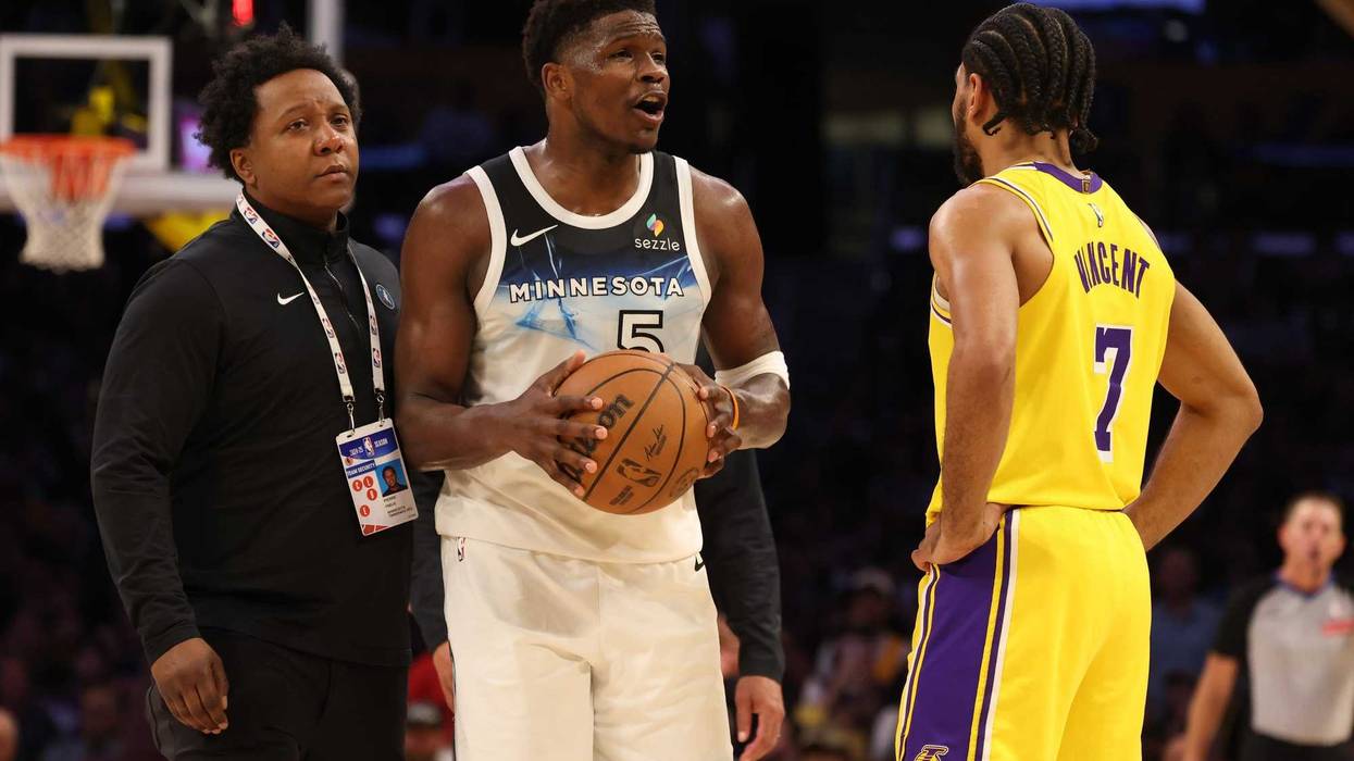 Minnesota Timberwolves guard Anthony Edwards (5) reacts after being ejected during the third quarter against the Los Angeles Lakers at Crypto.com Arena.