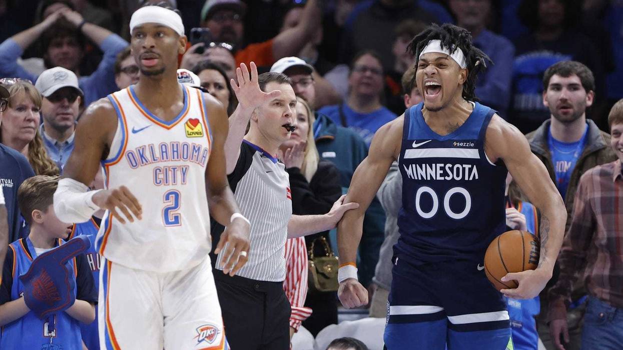 Minnesota Timberwolves guard Terrence Shannon Jr. (00) reacts after a play against the Oklahoma City Thunder during the second half at Paycom Center.