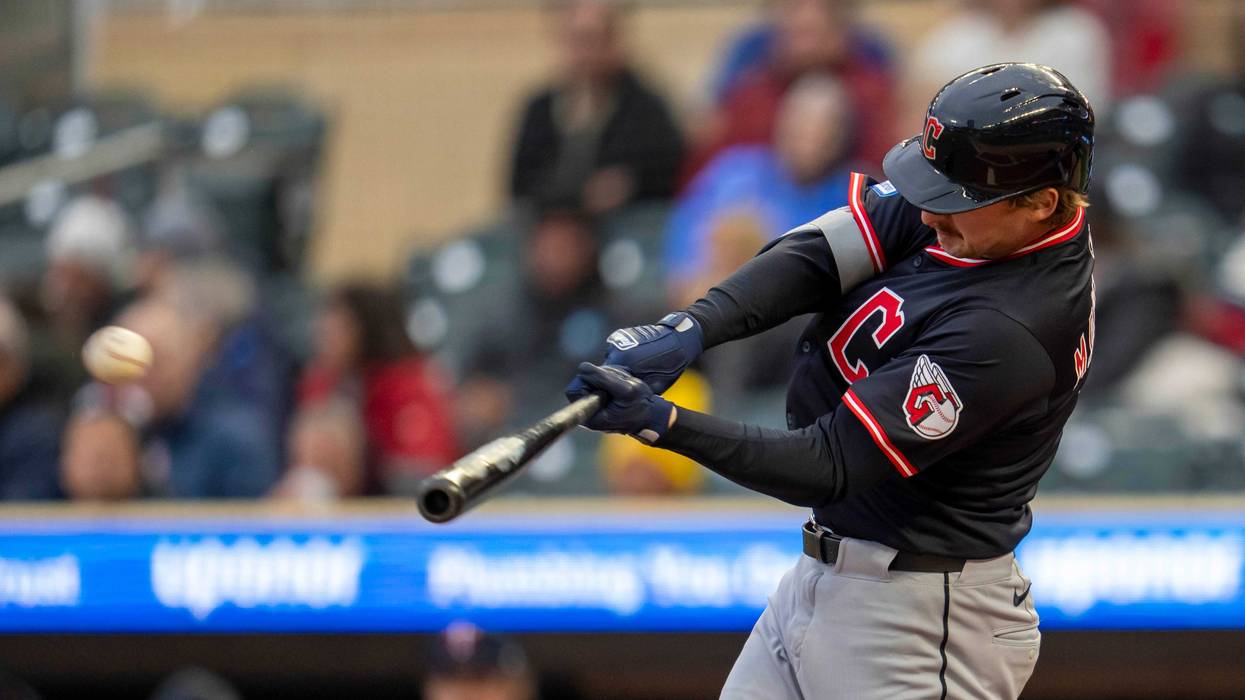 Minnesota Twins left fielder Trevor Larnach (9) hits a RBI double against the Minnesota Twins in the first inning at Target Field.