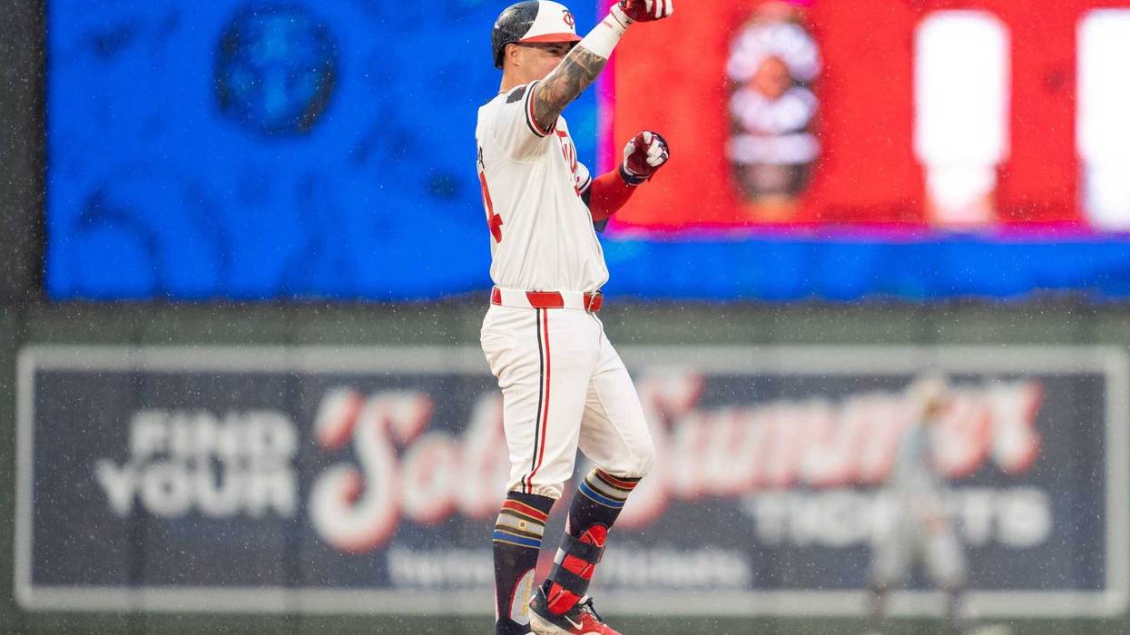 Minnesota Twins third baseman Jose Miranda (64) reacts after hitting a double in the seventh inning against Detroit Tigers at Target Field.
