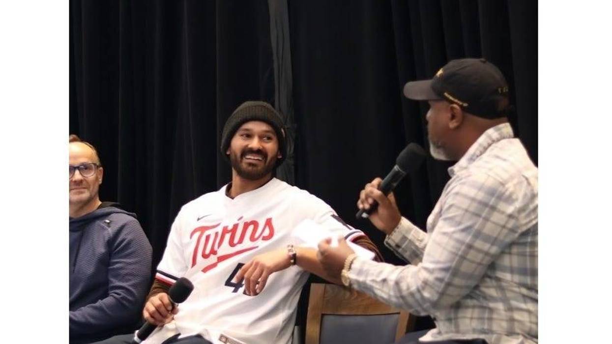 Minnesota Twins TV voice Cory Provus (L), Twins Pitcher Pablo Lopez (C) and WCCO's Henry Lake (R) at TwinsFest in 2025.