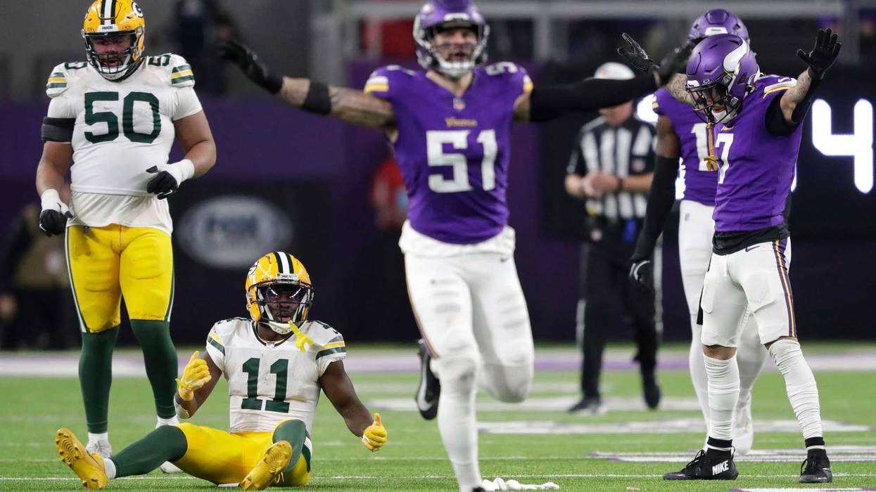 Minnesota Vikings cornerback Byron Murphy Jr. (7) celebrates breaking up a pass intended for Green Bay Packers wide receiver Jayden Reed (11) in the third quarter during their football game Sunday, December 29, 2024, at U.S. Bank Stadium in Minneapolis, Minnesota.