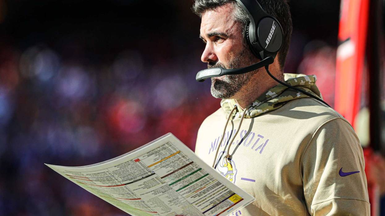 Minnesota Vikings offensive coordinator Kevin Stefanski during the second half against the Kansas City Chiefs at Arrowhead Stadium.