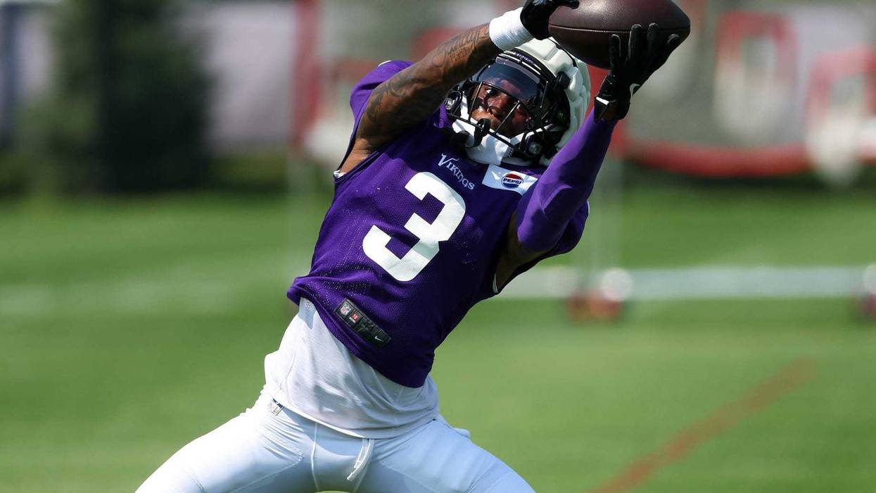 Minnesota Vikings wide receiver Jordan Addison (3) takes part in drills during the teams training camp at the Minnesota Vikings Training Facility.