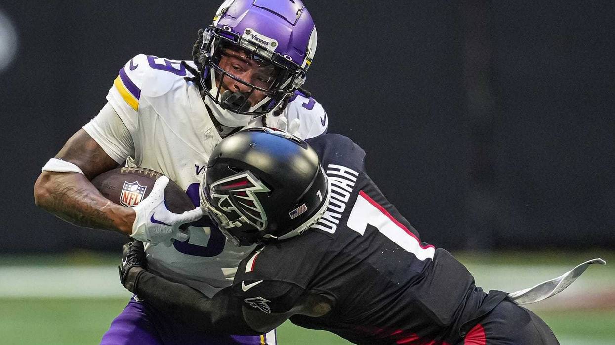 Minnesota Vikings wide receiver Trishton Jackson (9) runs against Atlanta Falcons cornerback Jeff Okudah (1) during the second half at Mercedes-Benz Stadium in 2023.