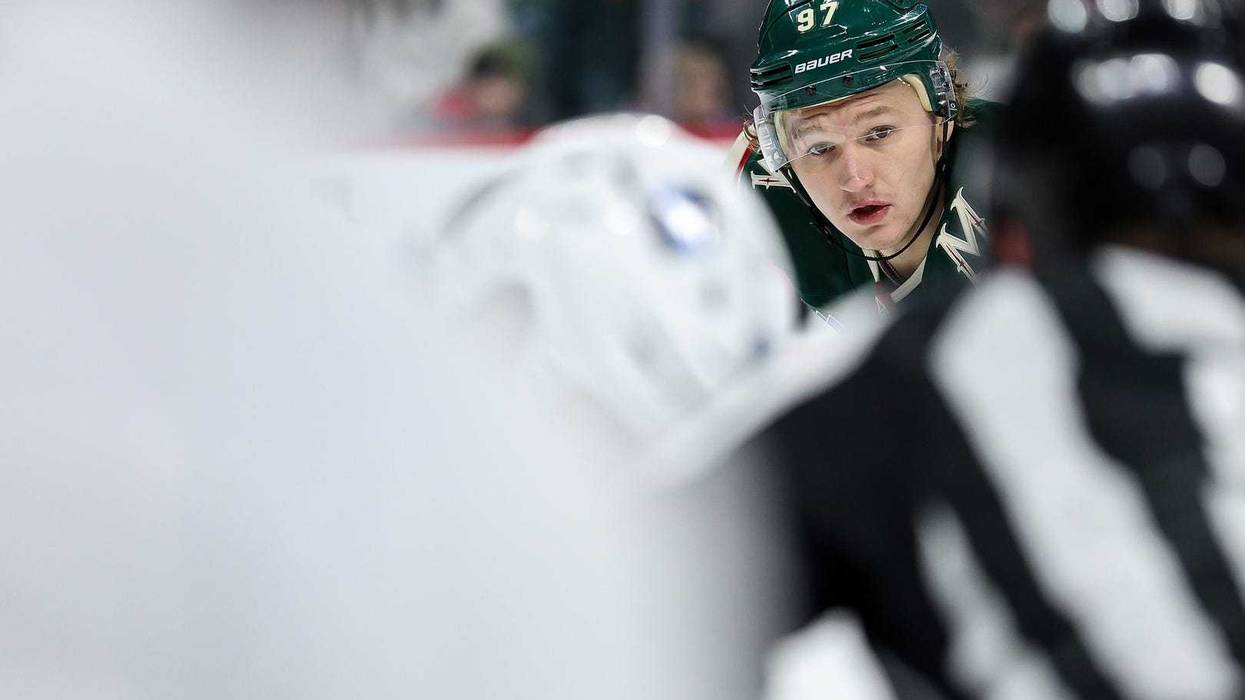 Minnesota Wild left wing Kirill Kaprizov (97) prepares for a faceoff against the Utah Hockey Club during the second period at Xcel Energy Center.