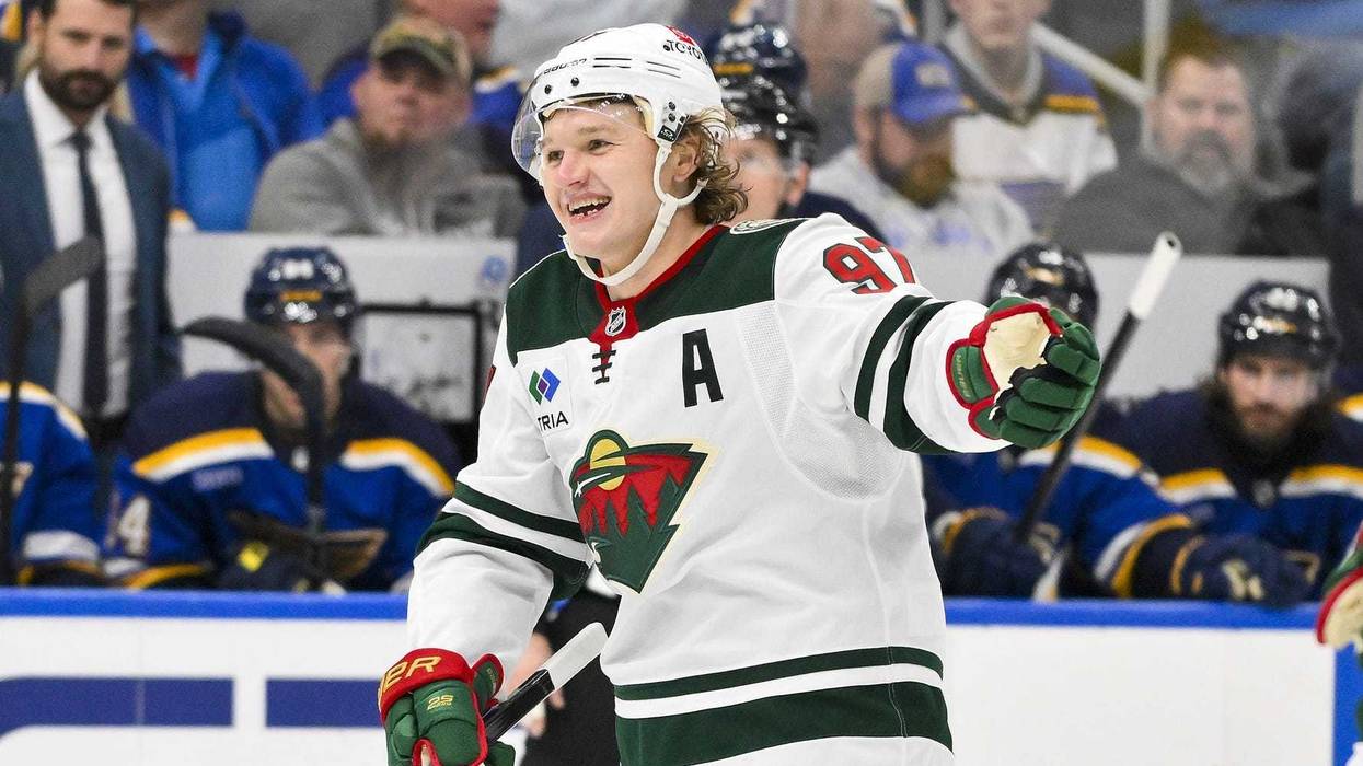 Minnesota Wild left wing Kirill Kaprizov (97) reacts after scoring against the St. Louis Blues during the third period at Enterprise Center Tuesday night.
