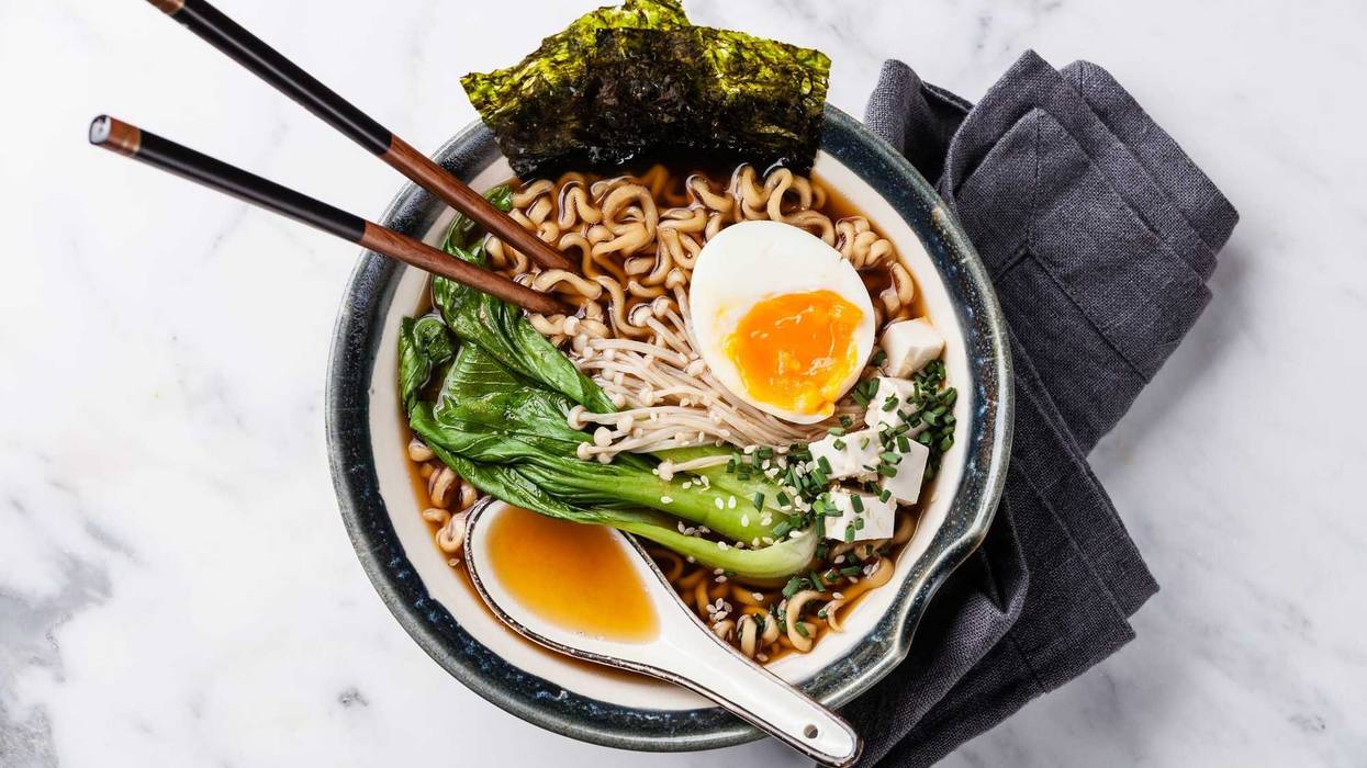 Miso Ramen noodles with egg, enoki and pak choi