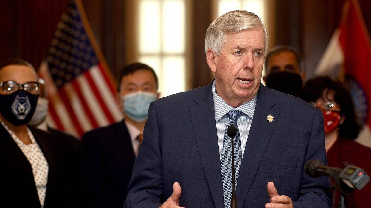 Missouri Gov. Mike Parson tests positive for covid-19, seen here at a press conference in August 2020