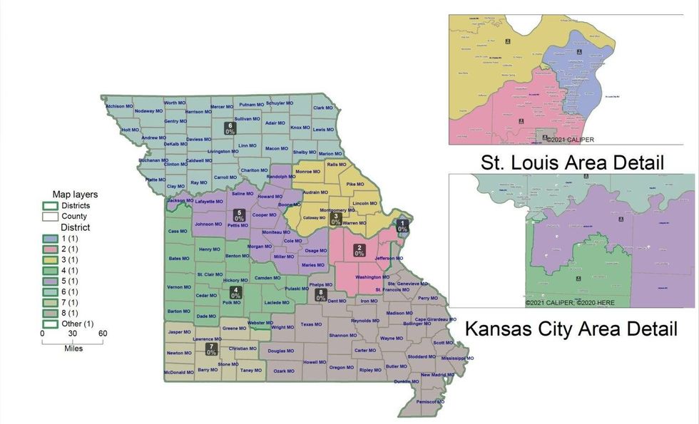 Missouri Republicans are pushing to enact this map to revise congressional district lines in a special session. The GOP