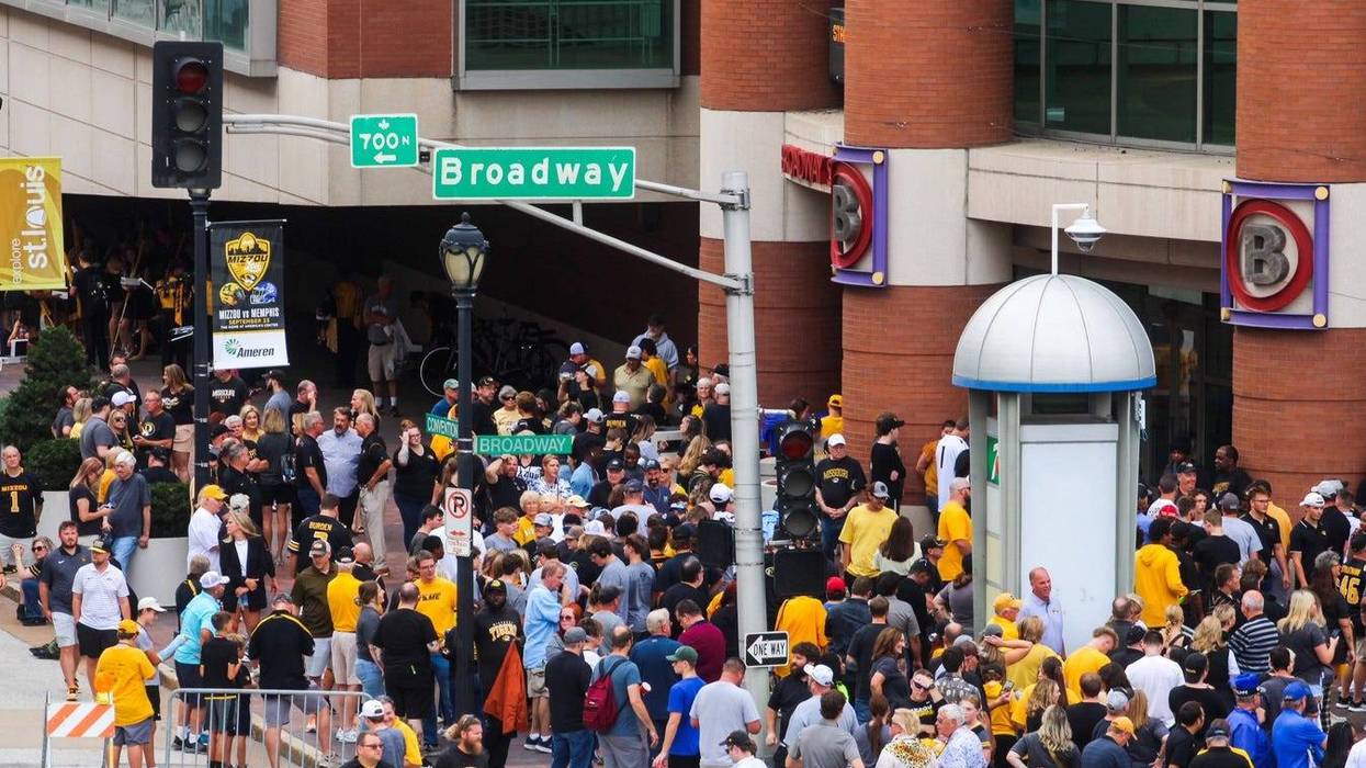 Missouri Tigers and Memphis Tigers fans gather at the doors to the Dome at America's Center before Missouri football plays Memphis on Sept. 23, 2023, in St. Louis, Mo.