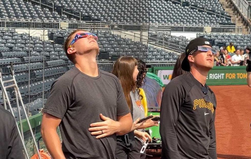 Mitch Keller looking up at the eclipse