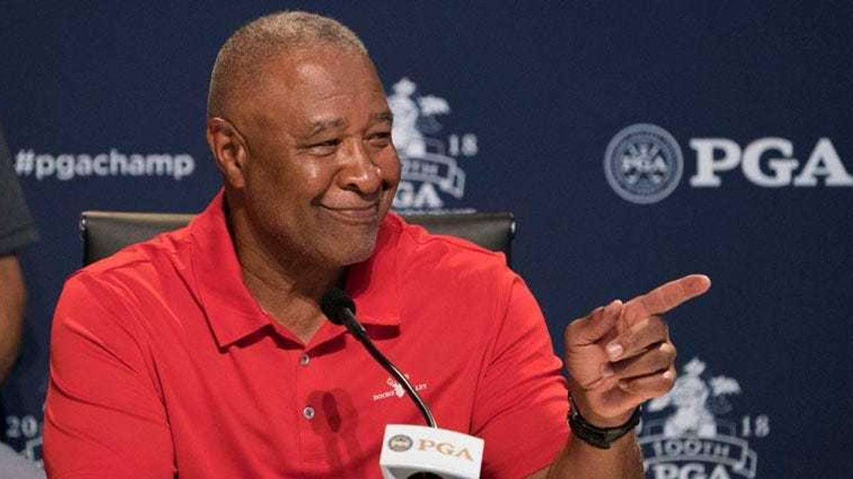 MLB Hall of Famer Ozzie Smith speaks at a news conference to honor Smith as the 100th PGA Championship Host City Champion on Aug. 8, 2018, at Bellerive Country Club in St. Louis.