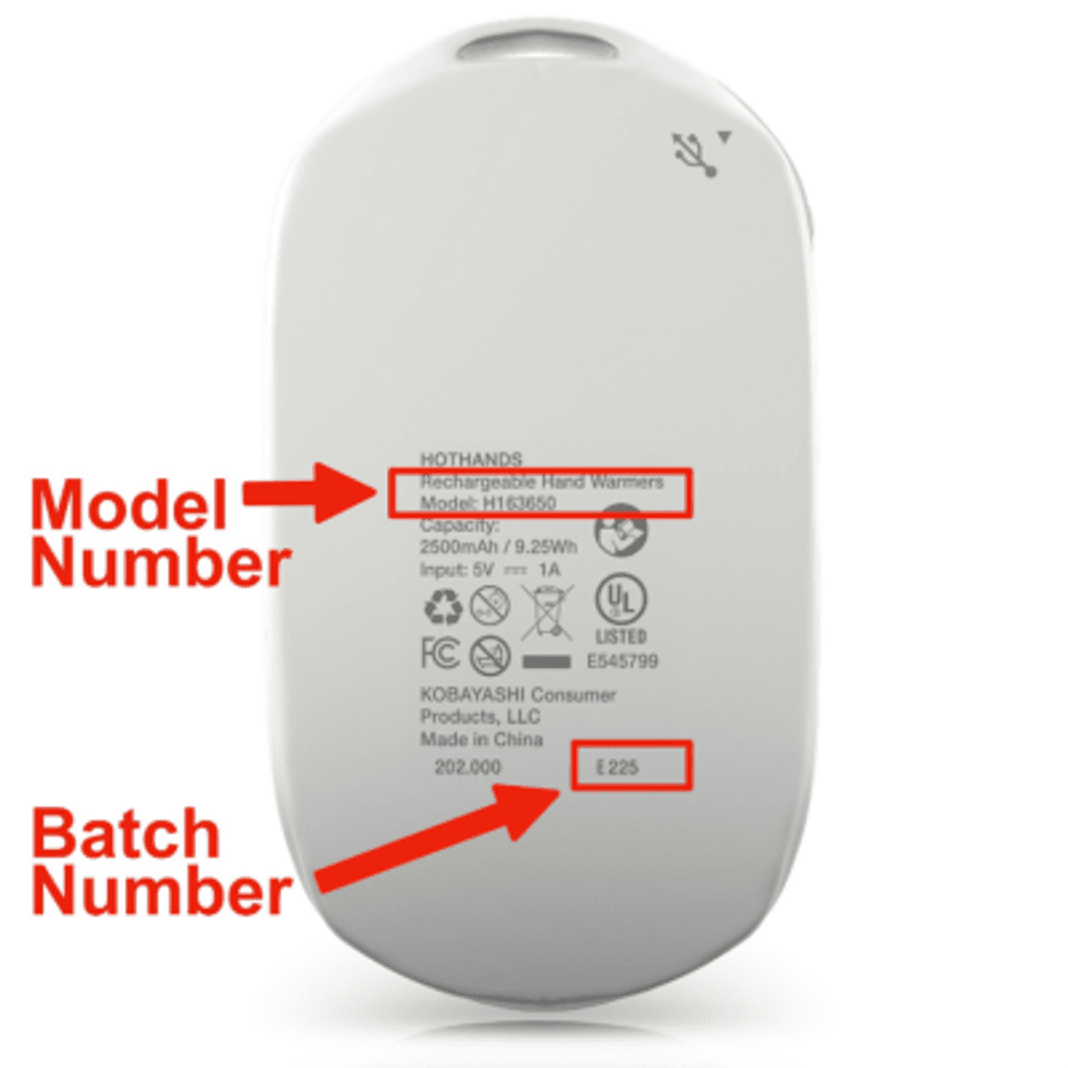 Model number \u201cH163650\u201d and the batch number are printed on the underside of the recalled HotHands rechargeable hand warmers.