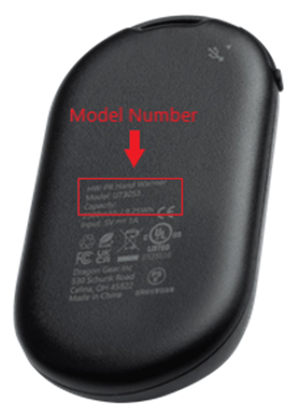 Model number \u201cUT3053\u201d is printed on the underside of the recalled Gobi Heat rechargeable hand warmer.