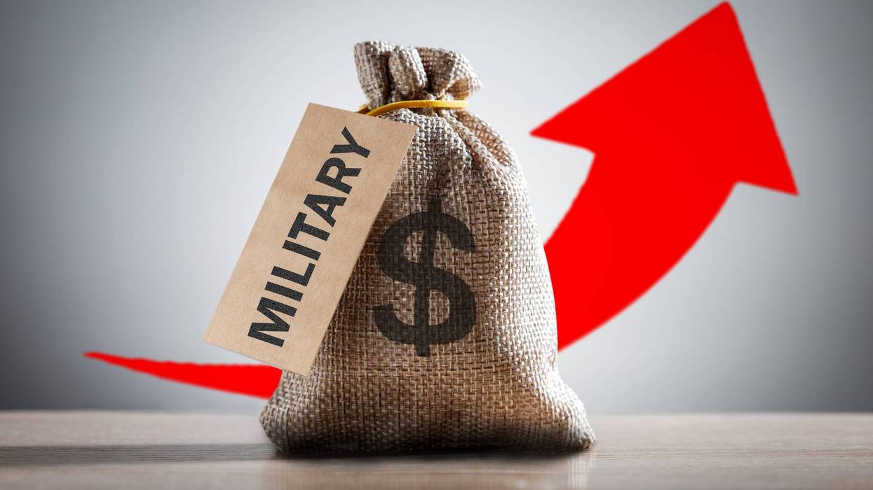 Money bag with dollar sign, text MILITARY and red arrow up.
