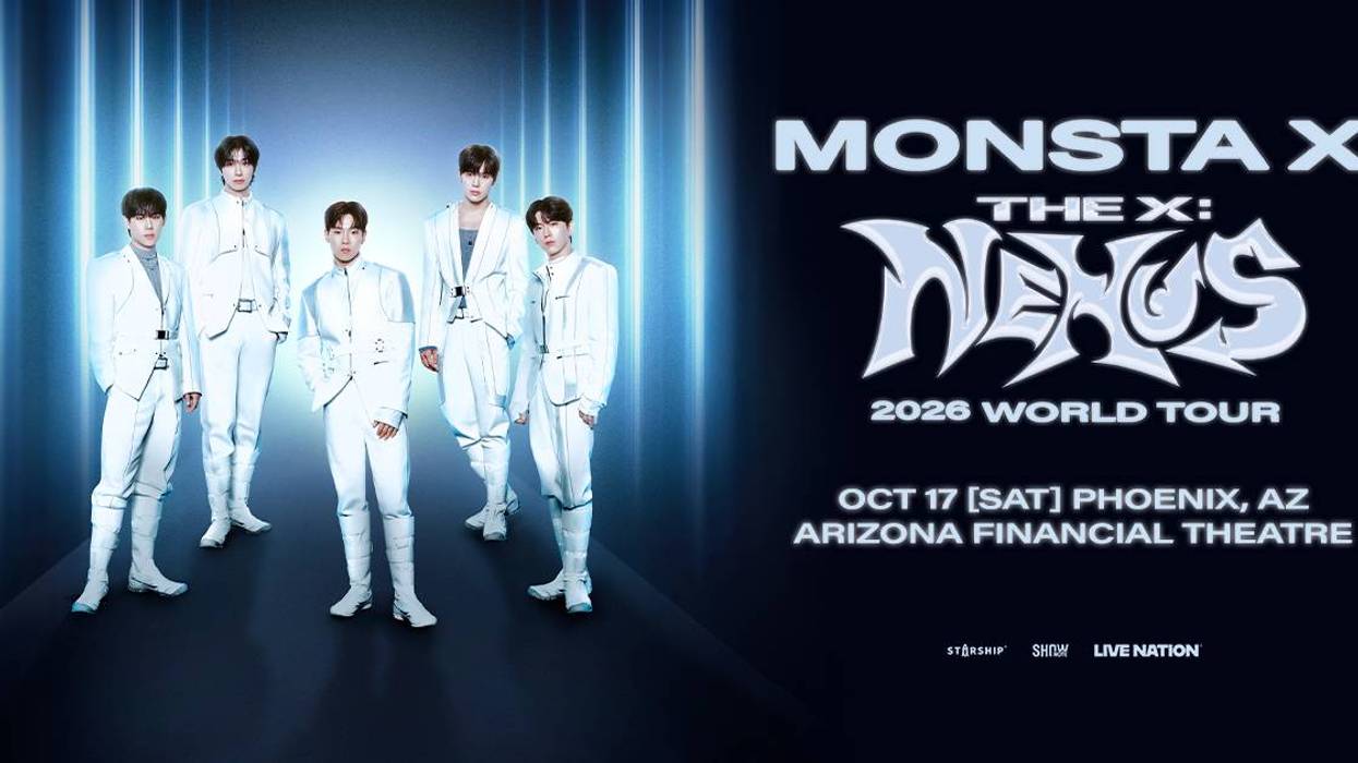 Monsta X: The X: Nexus 2026 World Tour poster. Six members in white, Phoenix AZ concert.