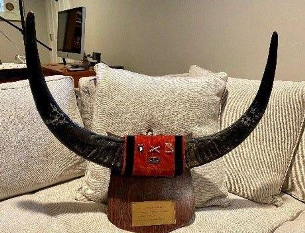 Monteverde showed off water buffalo horns, which was given to him by some of his soldiers when he left the command.