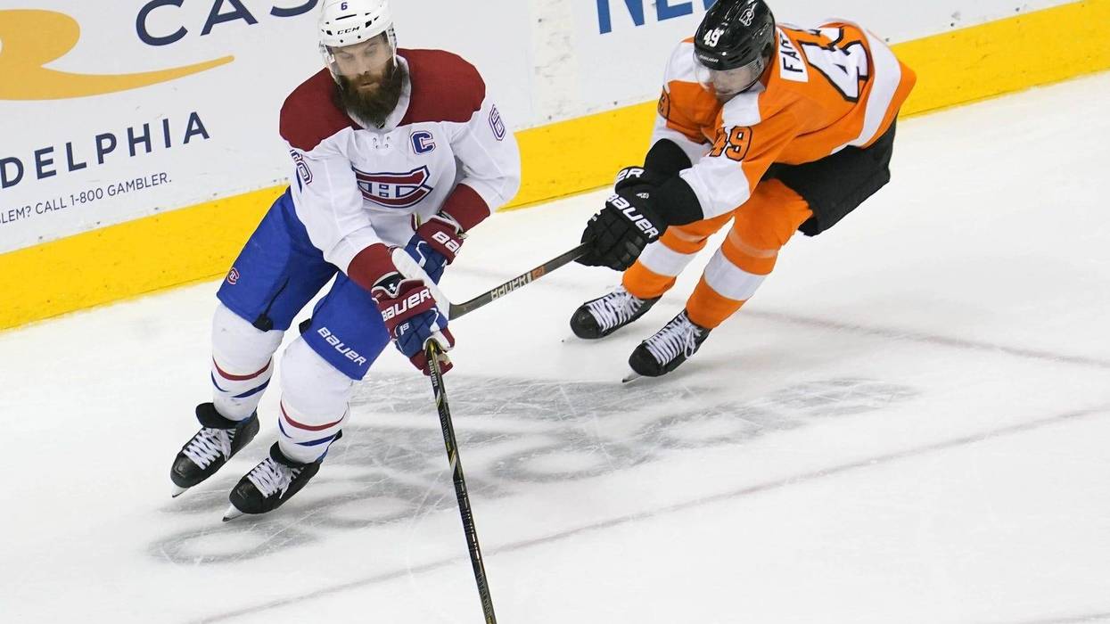 Montreal Canadiens defenseman Shea Weber (6) moves the puck against Philadelphia Flyers left wing Joel Farabee (49) during the third period in game five of the first round of the 2020 Stanley Cup Playoffs at Scotiabank Arena.