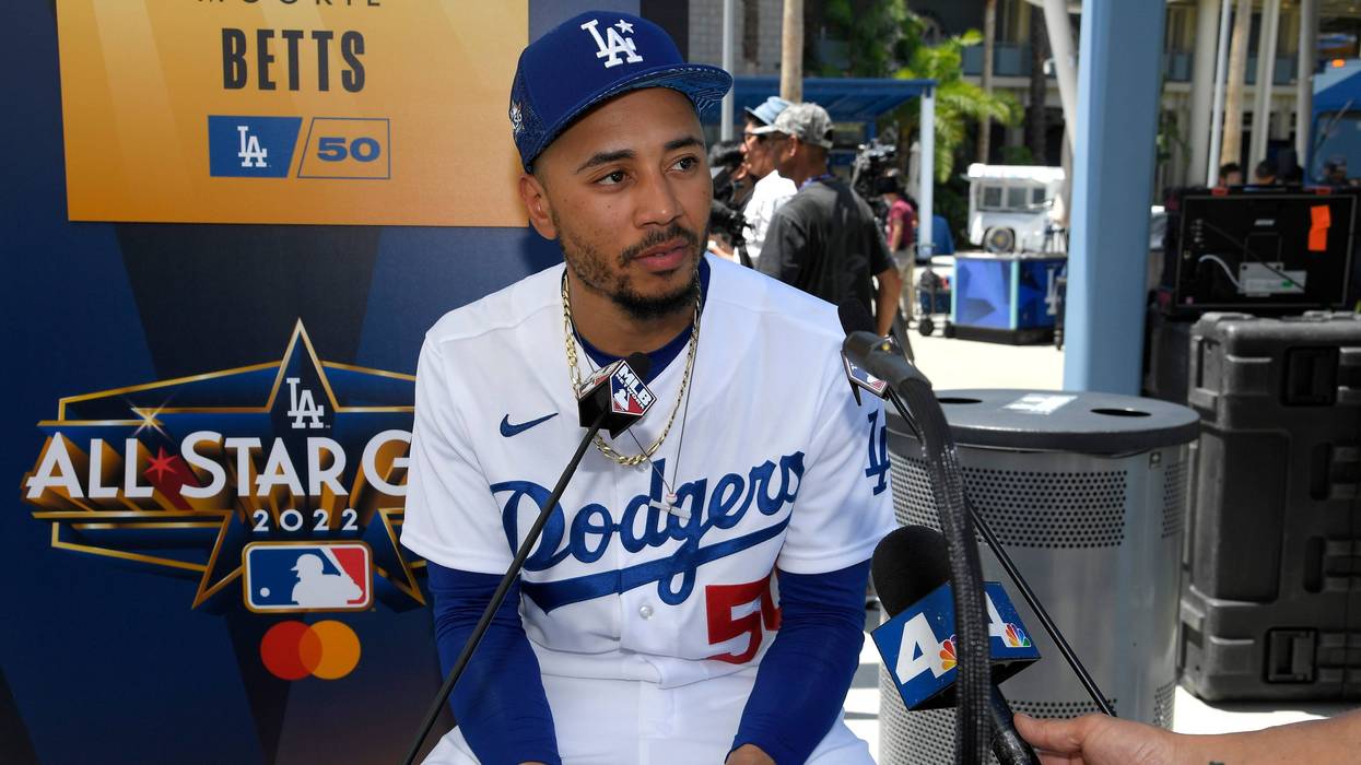 Mookie Betts #50 of the Los Angeles Dodgers speaks to the media during the 2022 Gatorade All-Star Workout Day at Dodger Stadium on July 18, 2022 in Los Angeles, California.