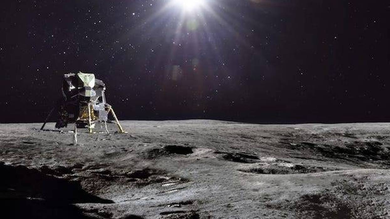 Moon surface and stars with sunlight in outer space. Exploration of Solar system. Artemis lunar space program. Elements of this image furnished by NASA