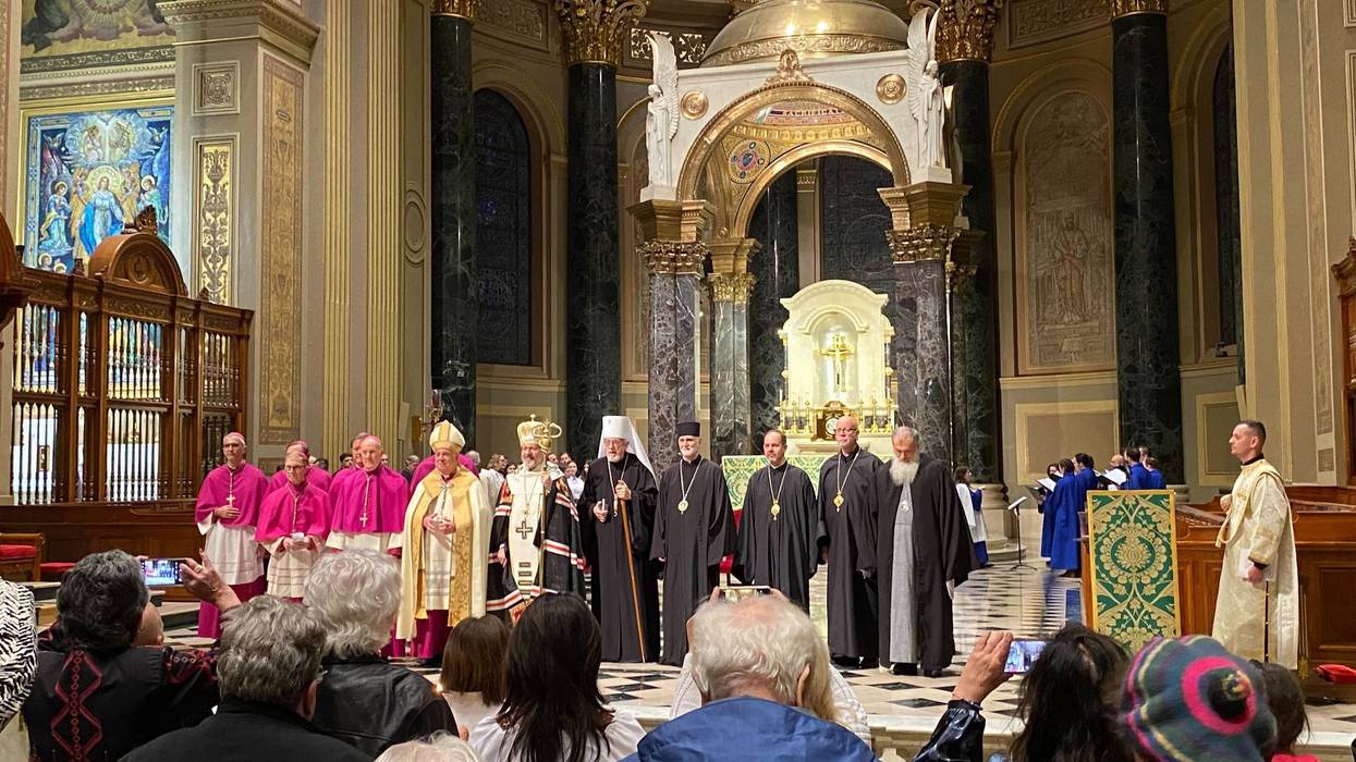 More than 100 people filled the Cathedral Basilica of Saints Peter and Paul, where Sviatoslav Shevchuk, head of the Ukrainian Greek Catholic Church, led the homily and prayed for peace in his home country.