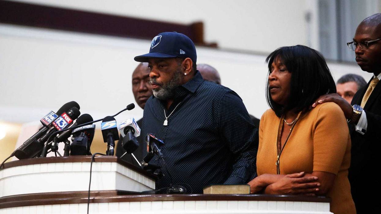 Mother and stepfather of Tyre Nichols, RowVaughn and Rodney Wells, prepare to speak at a press conference for Tyre Nichols on Jan. 27, 2023 at Mt. Olive Cathedral CME Church in Memphis, TN.