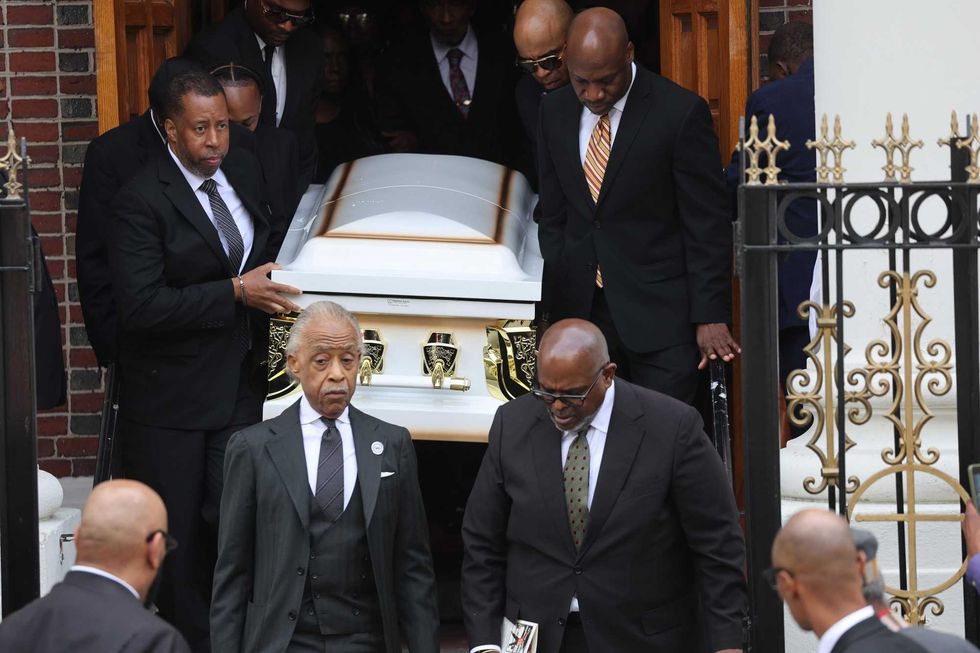 Mourners carry for the casket of Jordan Neely at the Mount Neboh Baptist Church in Harlem after the funeral on May 19, 2023 in New York City.