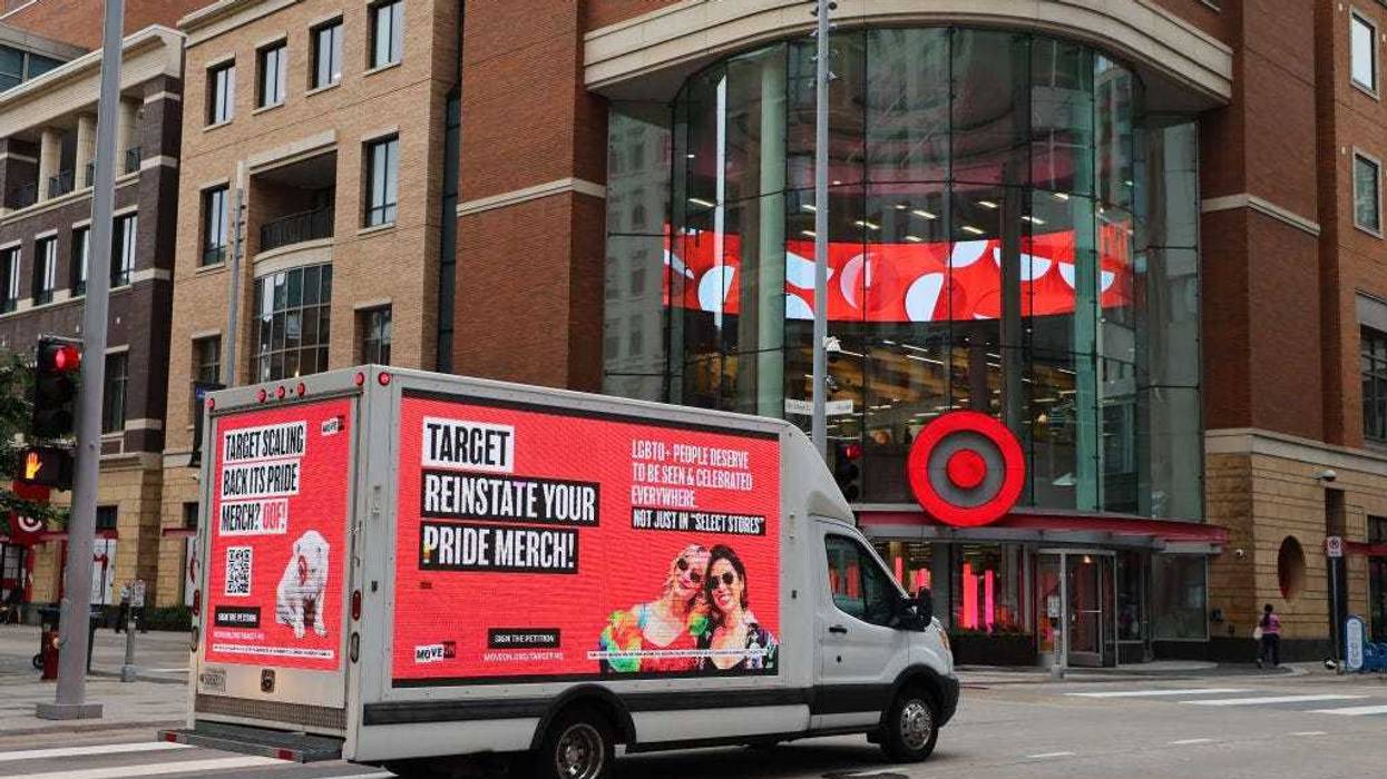 MoveOn PAC commissions a billboard truck to circle Target Headquarters In Minneapolis on Pride Weekend, calling for the company to "Reinstate Pride Merch" in Minneapolis, Minnesota on June 28, 2024.