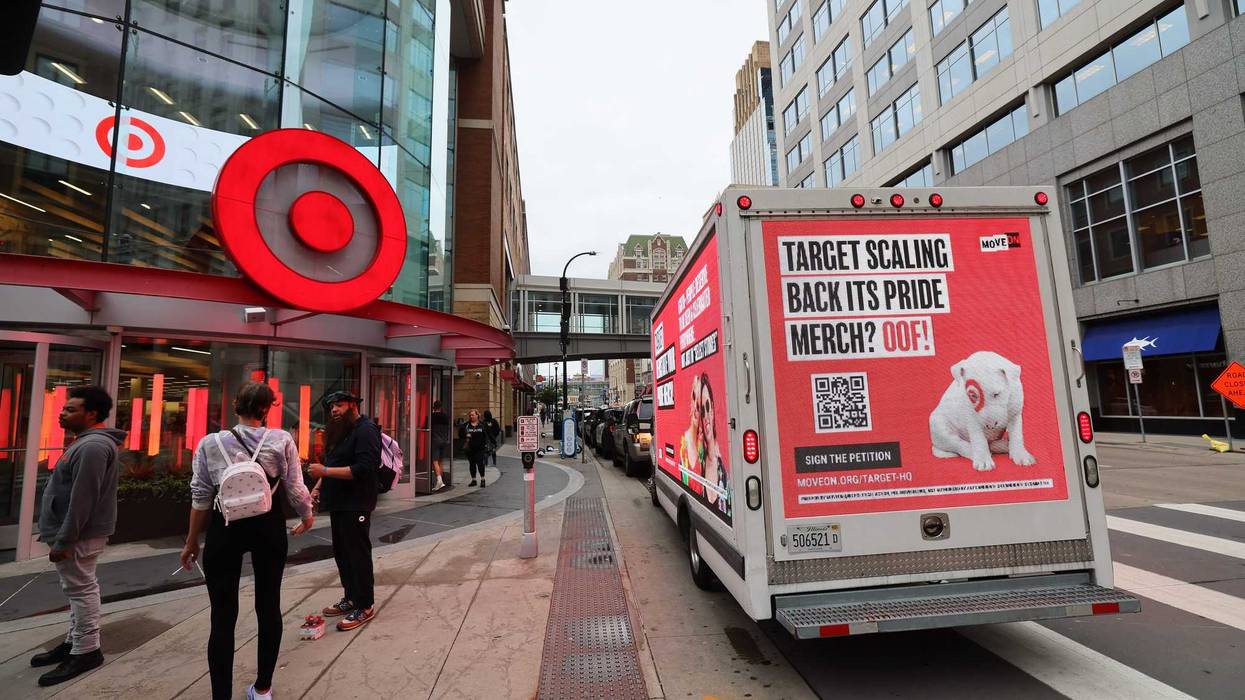 MoveOn PAC commissions a billboard truck to circle Target Headquarters In Minneapolis on Pride Weekend, calling for the company to "Reinstate Pride Merch" in Minneapolis, Minnesota.