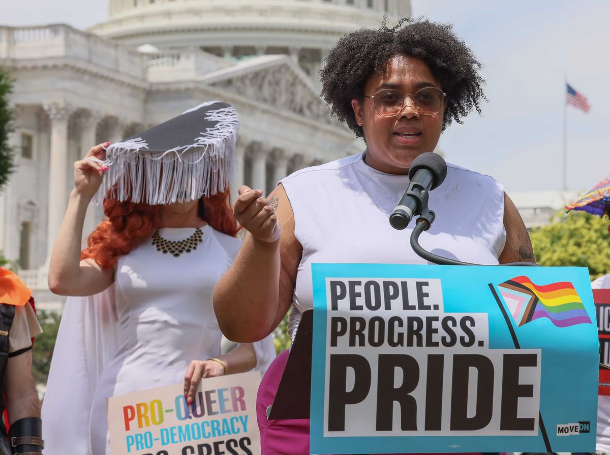 MoveOn Political Action Campaign Director Nakia Stephens speaks during a press conference advocating for LGBTQ+ rights on Capitol Hill on June 25, 2024 in Washington, DC.