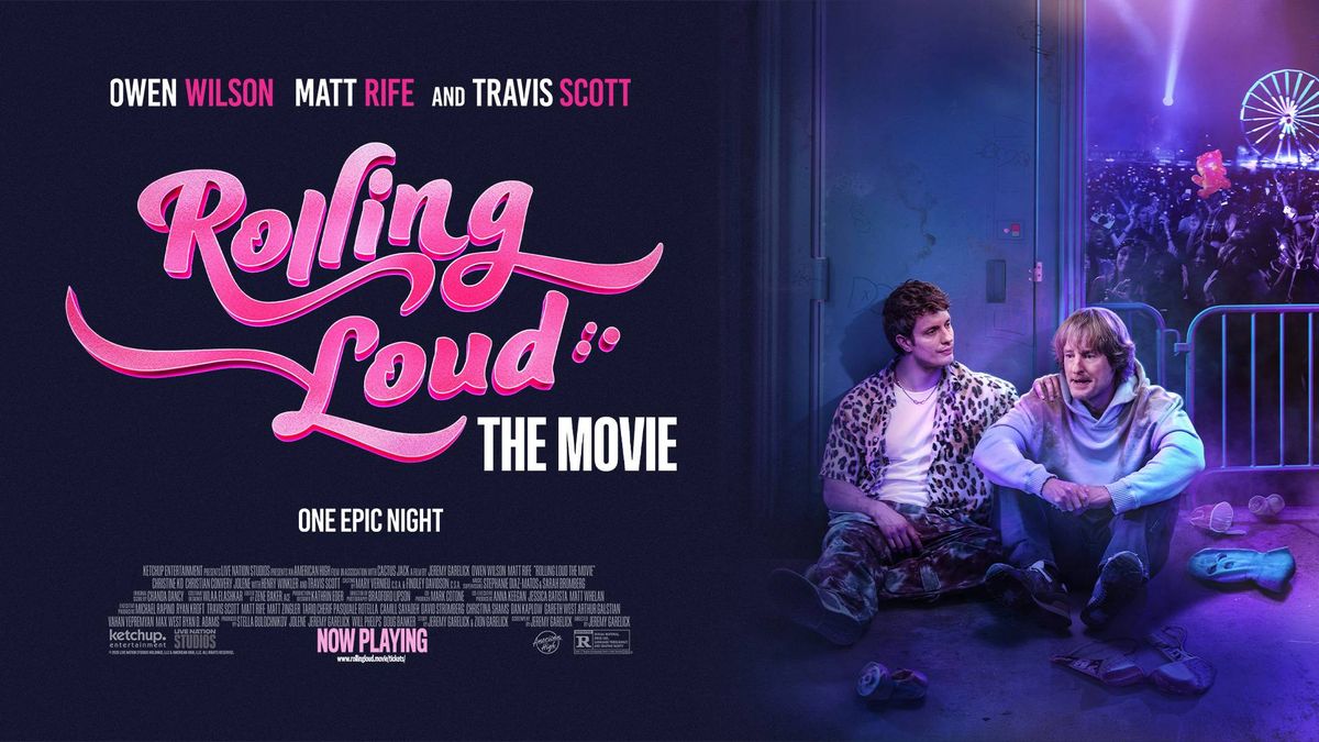 Movie poster for Rolling Loud: The Movie. Owen Wilson & Matt Rife sit exhausted outside a loud festival.