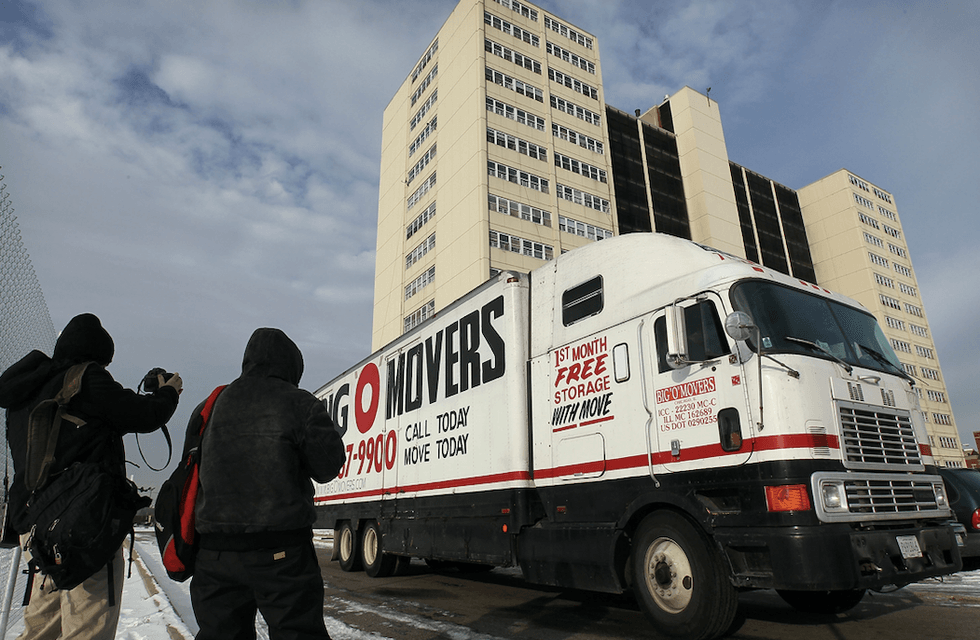 Moving truck outside the old Cabrini-Green housing development.