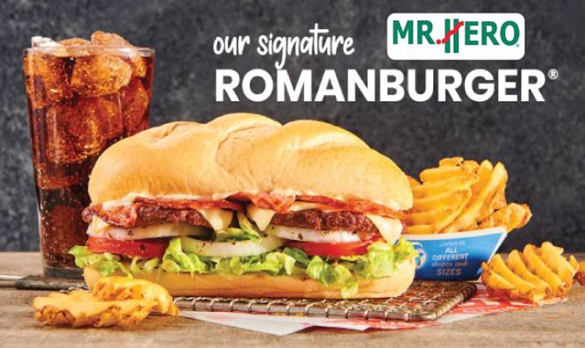 Mr. Hero Romanburger: patties, pepperoni, cheese, lettuce, tomato, onion, waffle fries & soda.