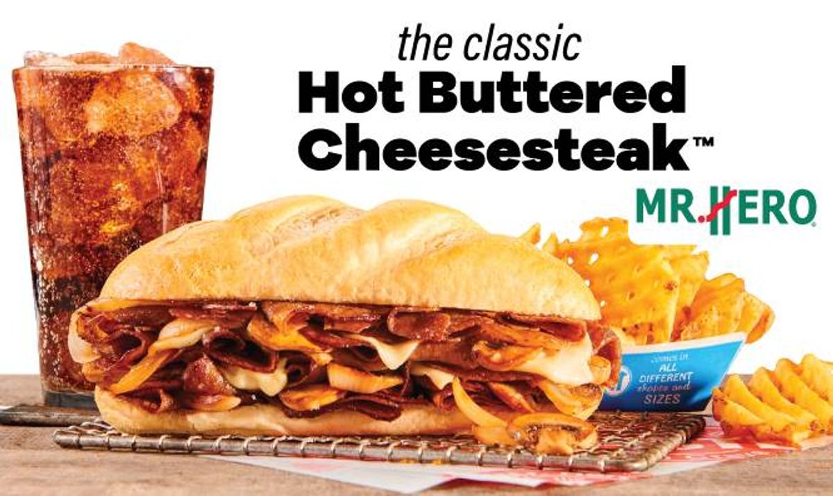 Mr. Hero's classic Hot Buttered Cheesesteak sandwich, golden waffle fries, and iced soda.